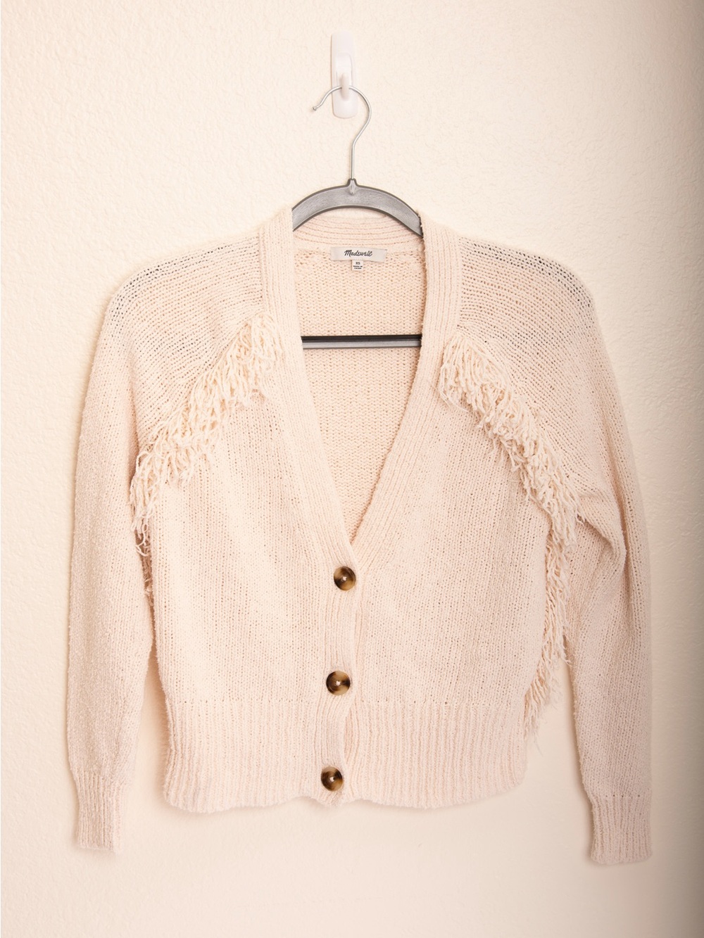 Madewell Cream Fringe V-Neck Button Cardigan